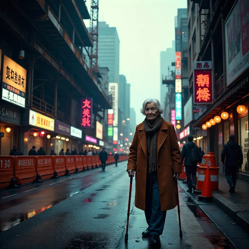 Elderly Woman Under Neon Construction Signage in the City