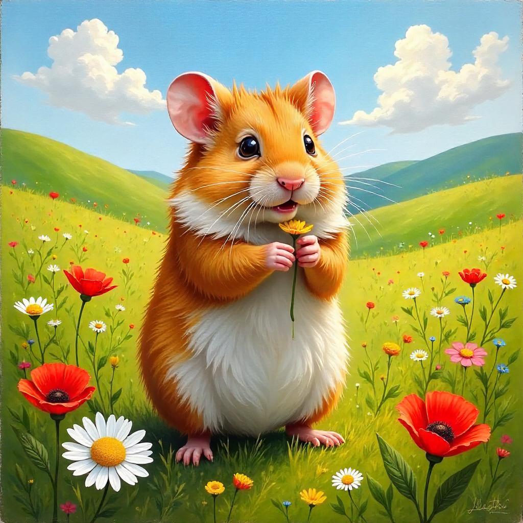 Hamster in a Sunlit Flower Field