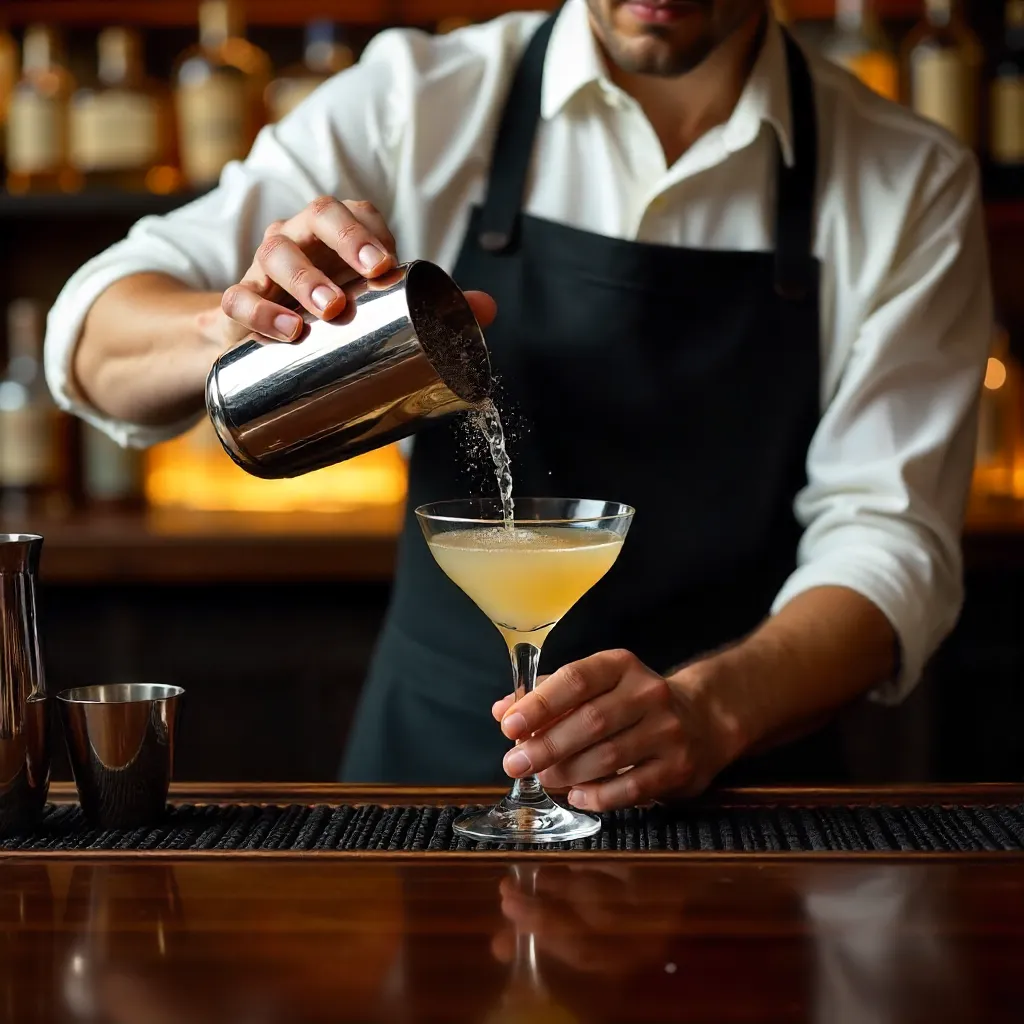 Bartender Straining a Classic Martini at the Bar