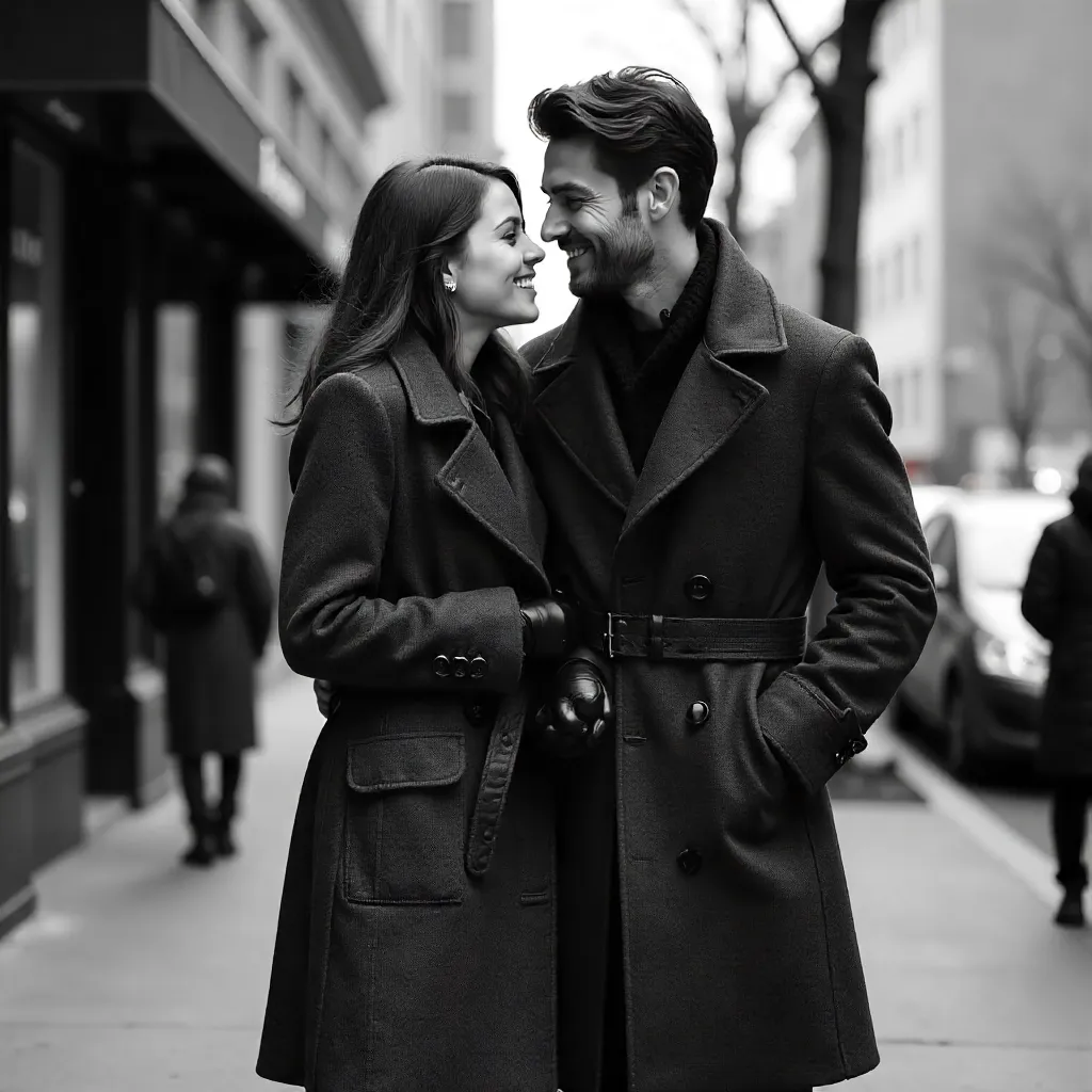 Grayscale Chic: Friends Embrace in Coats