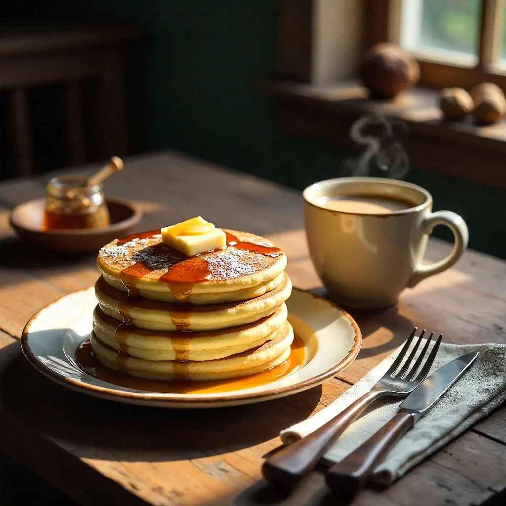 Rustic Breakfast Scene: Cheesecake Pancakes and Coffee