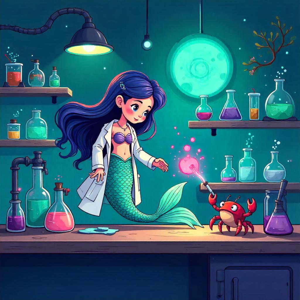 Mermaid in a Whimsical Cartoon Laboratory