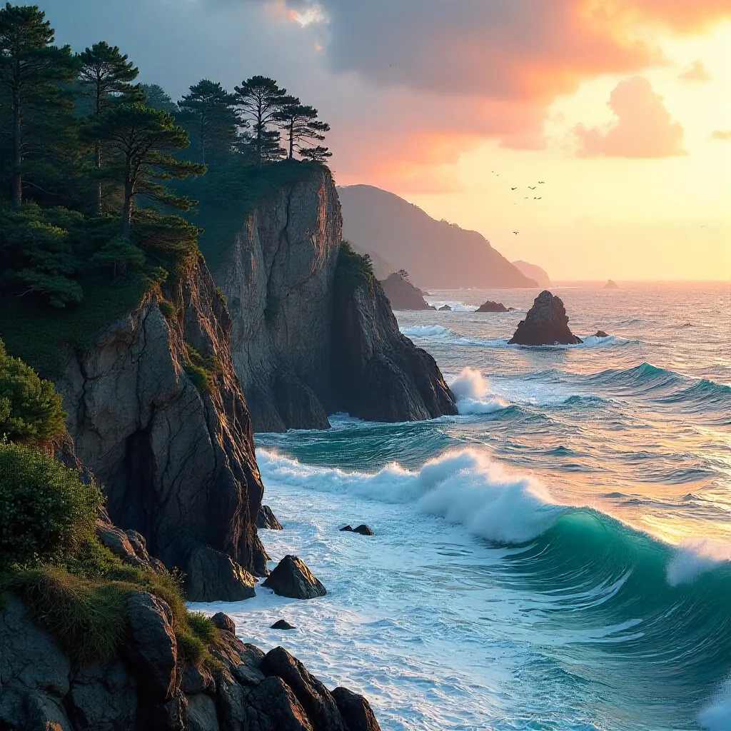 Wakayama Coastline at Sunset: Cliffs and Crashing Waves