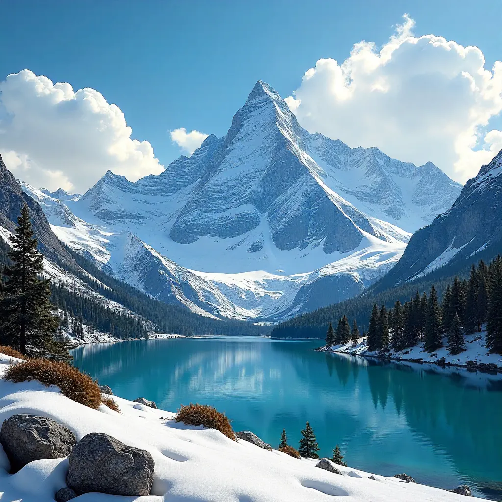 Snow-Capped Peaks under Cloud-Speckled Blue Sky