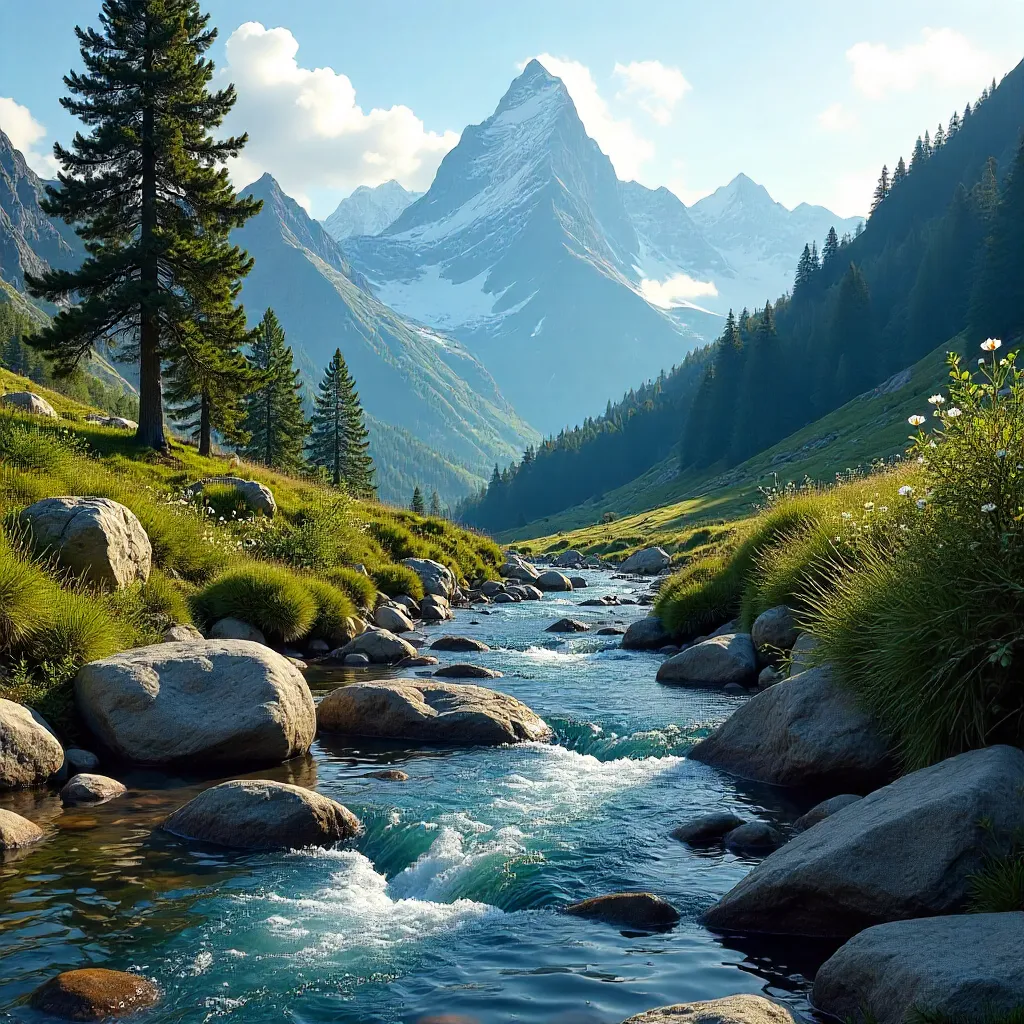 Peaceful Alpine Stream in a Rocky Valley
