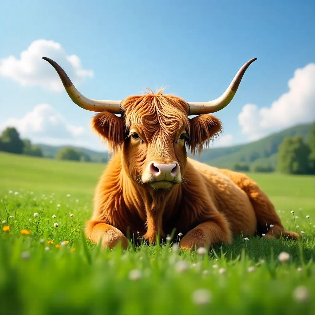 Sunny Highland Cow Resting in a Verdant Field