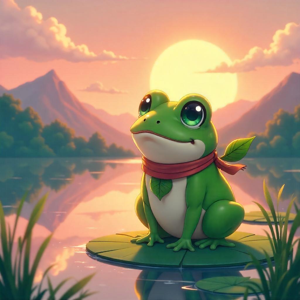 Anime Frog by a Tranquil Lake at Sunset