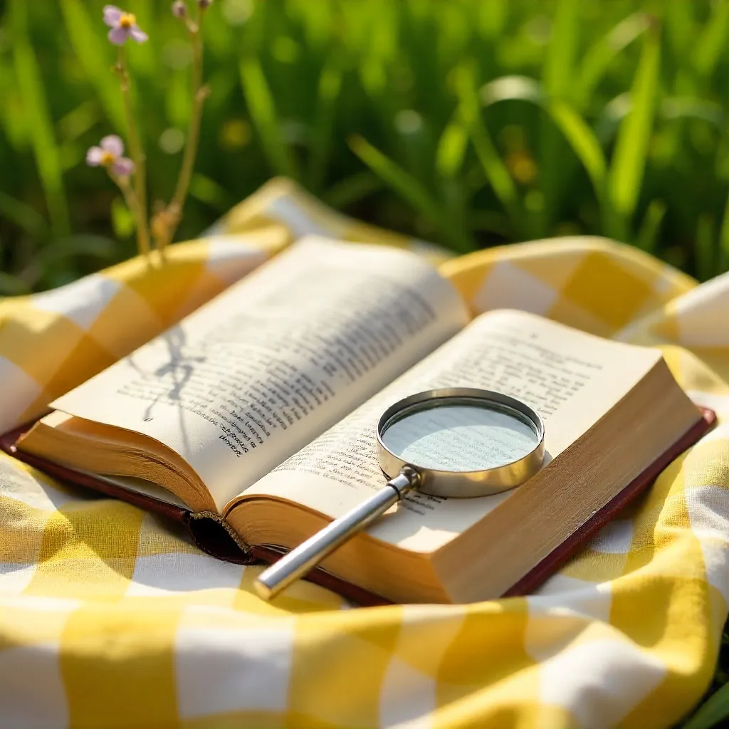 Open Book and Magnifying Glass on a Yellow Gingham Blanket