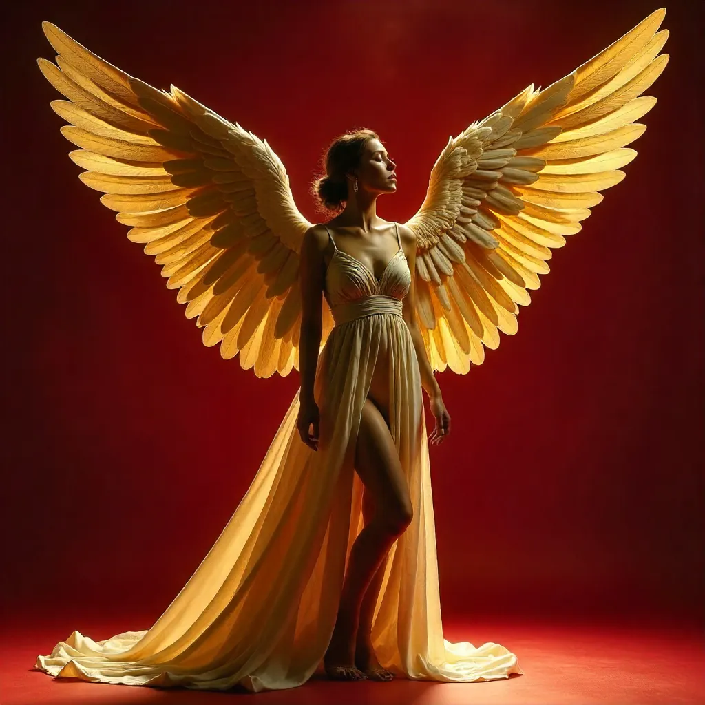 Elegant Woman with Golden Angel Wings on Red