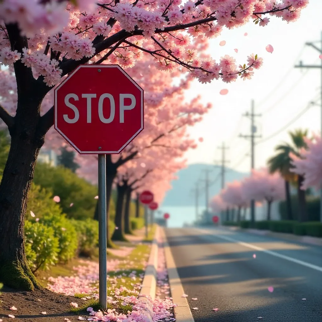 Stop Sign Amid Spring Sakura in Atami