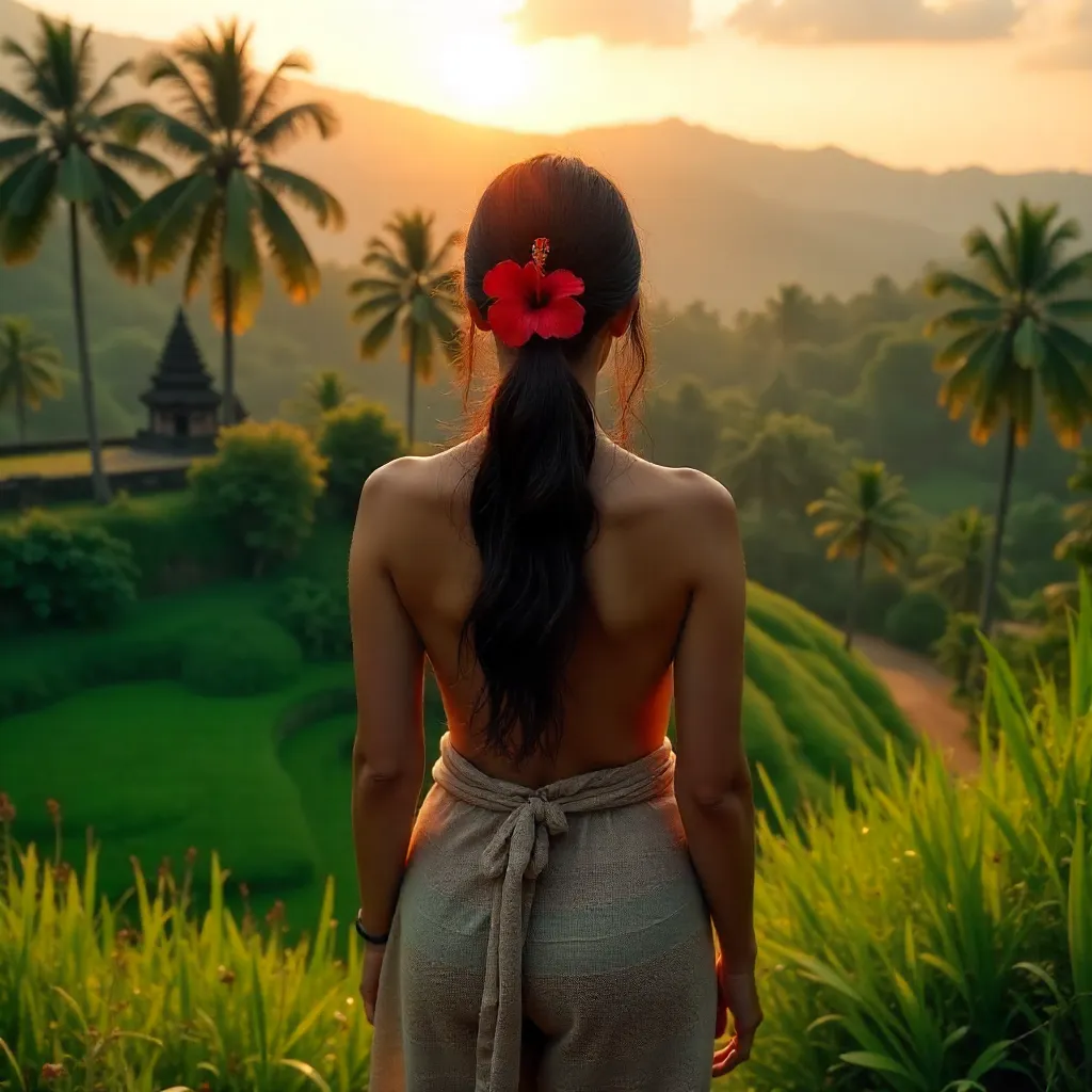 Back View in Bali: Red Hibiscus in Hair