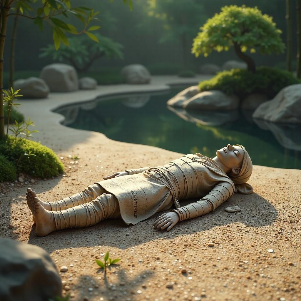 Photorealistic Mummy in a Tranquil Zen Garden