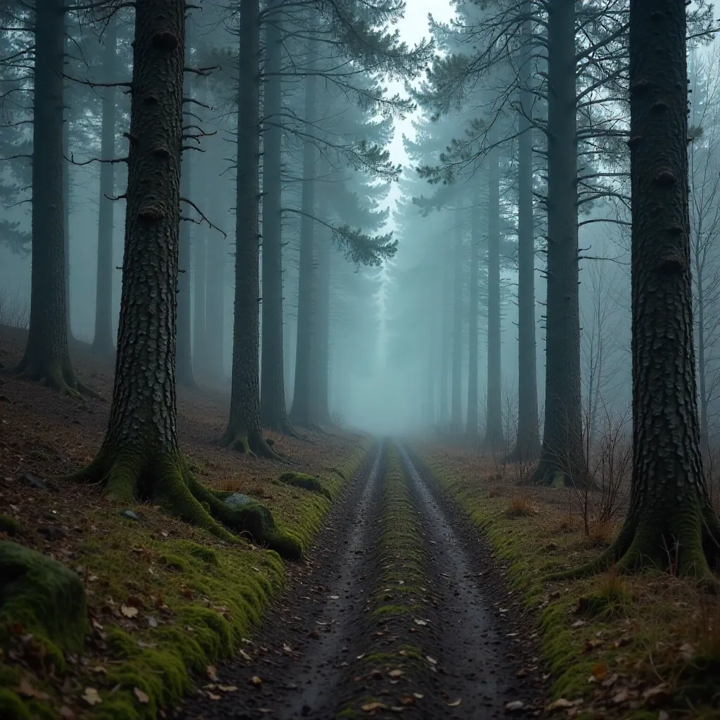 Mist-Laden Forest Path in Ocypel, Poland