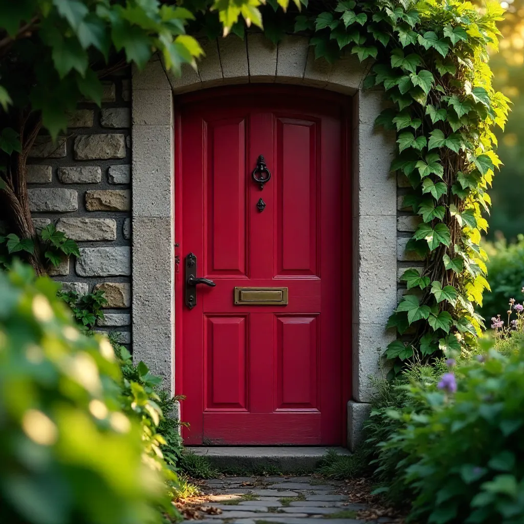 Red Ivy Door on Rustic Stone Wall