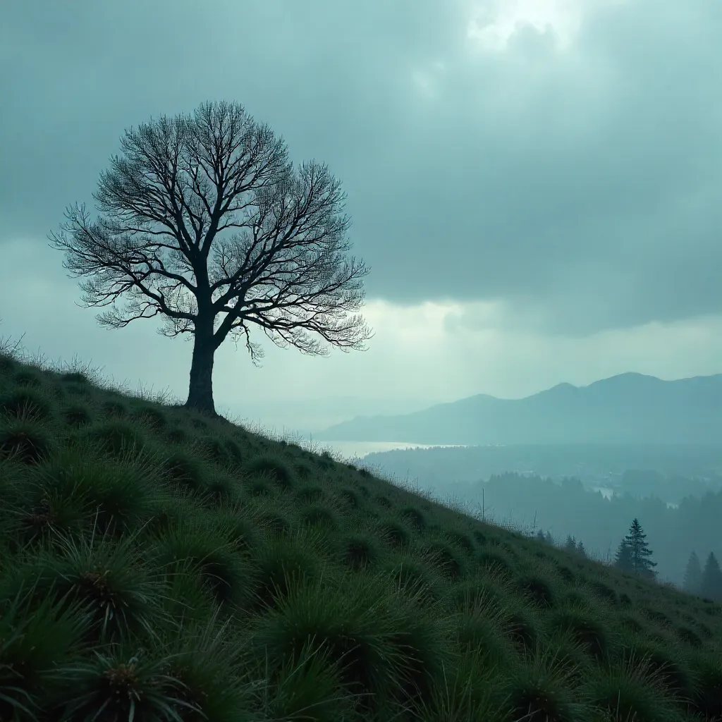 Solitary Tree Silhouette on a Vancouver Hill Under Cloudy Skies