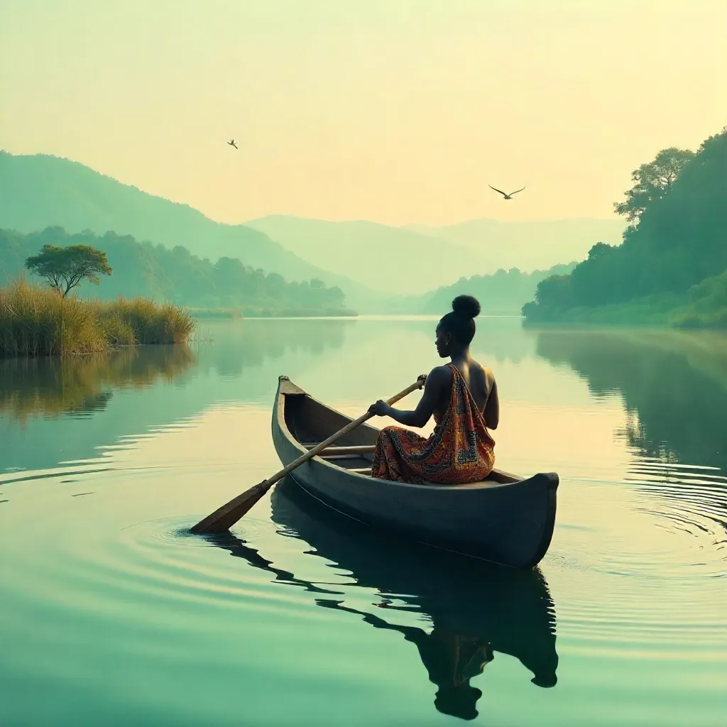 Dawn Canoe: African Woman on Serene Waters