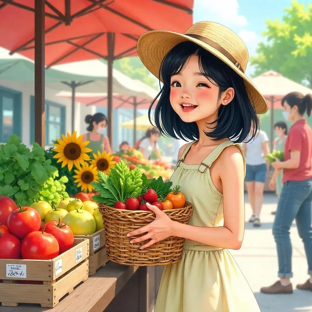 Cheerful Asian Girl at a Sunlit Farmers Market in Watercolor