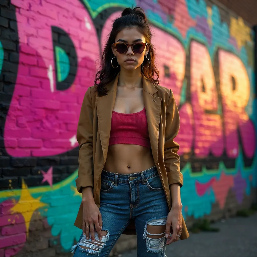 Confident Street Style: Woman with Graffiti Backdrop