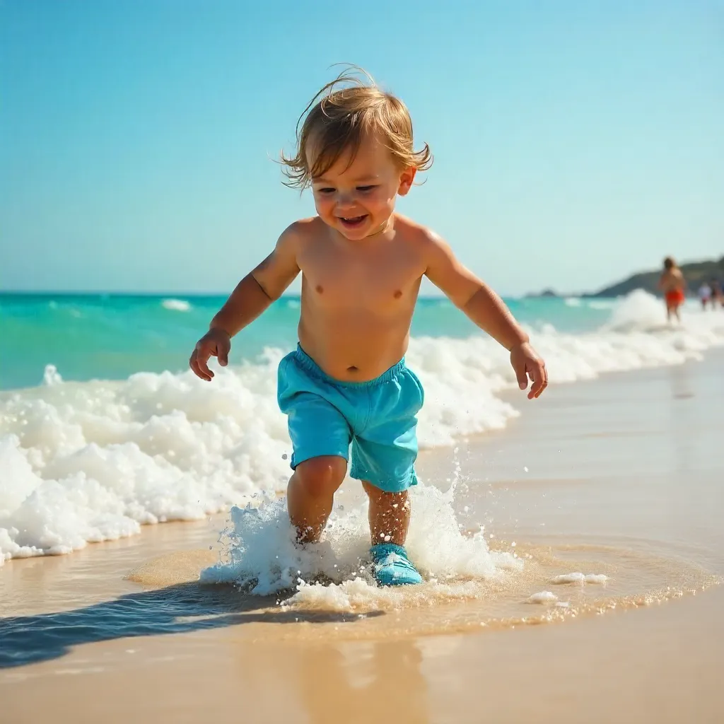 Sunny Beach Play: Child in Blue Crocs at the Surf
