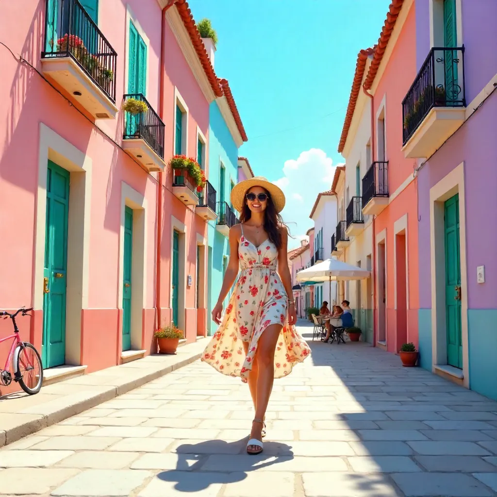 Pastel Streets: Woman Among Sunny Facades