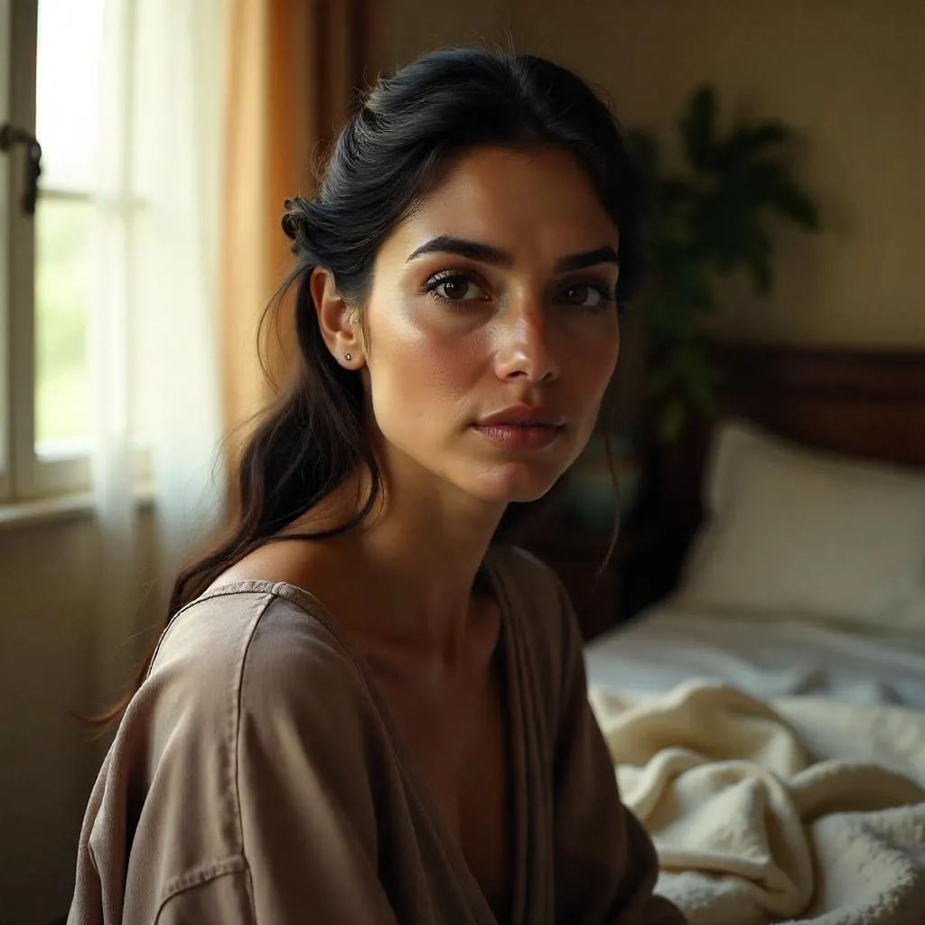 Soft-lit Bedroom Portrait of an Adult Middle Eastern Woman