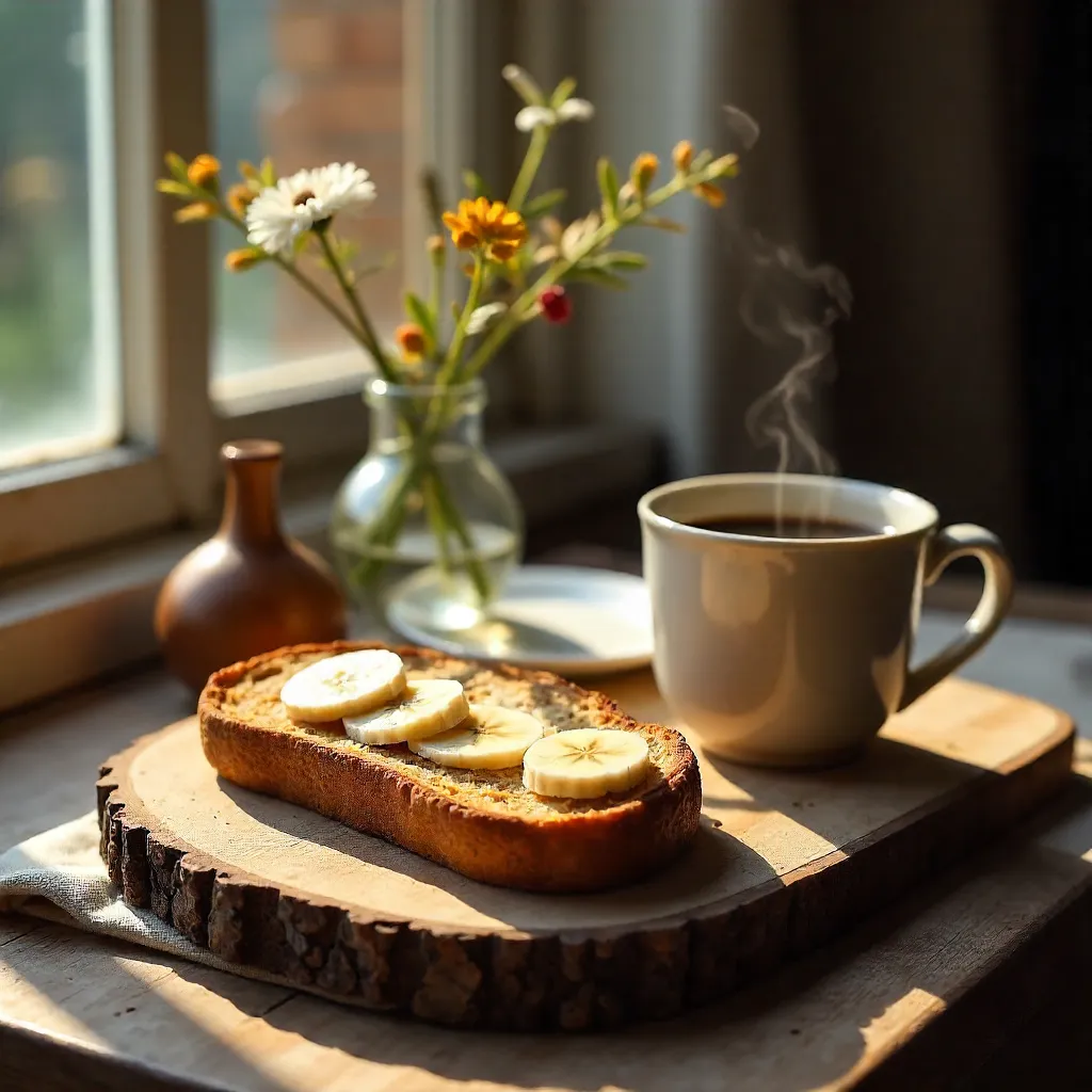 Rustic Banana and Almond Toast by a Sunlit Window