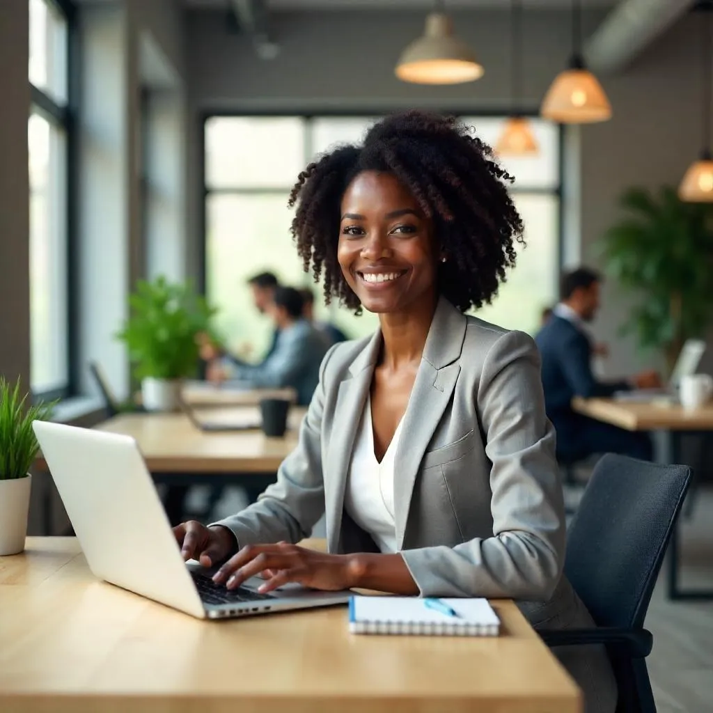 Photorealistic Black Woman in a Modern Coworking Space