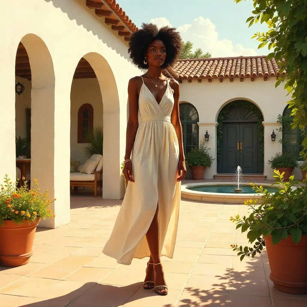 Sunlit Villa Terrace: Digital Portrait of a Young Black Woman