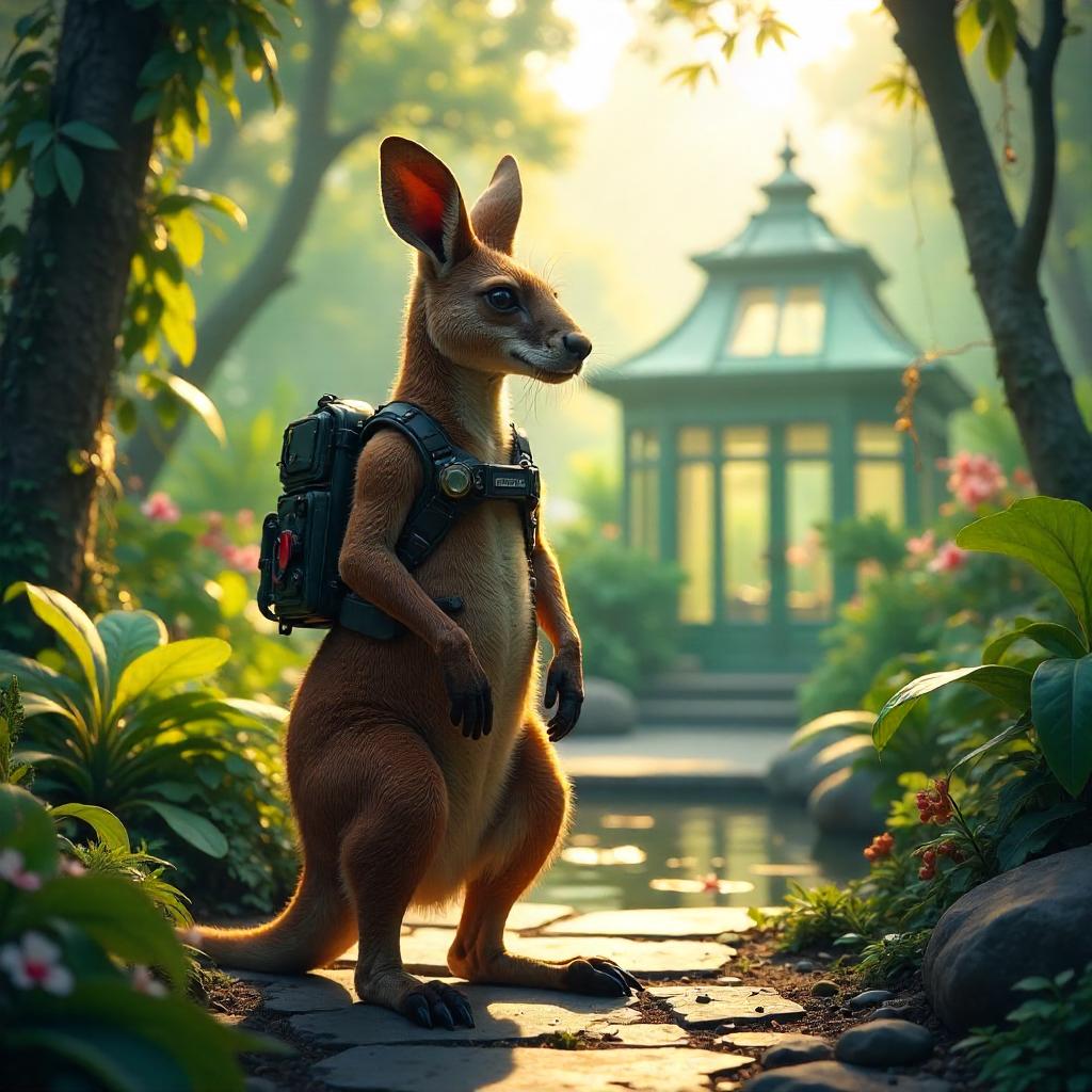 Kangaroo Concept Art in a Lush Botanical Garden