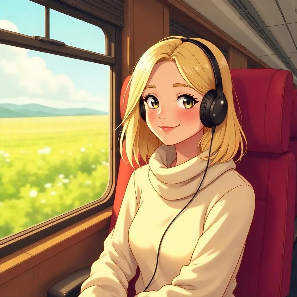 Cheerful Cartoon Woman on a Train