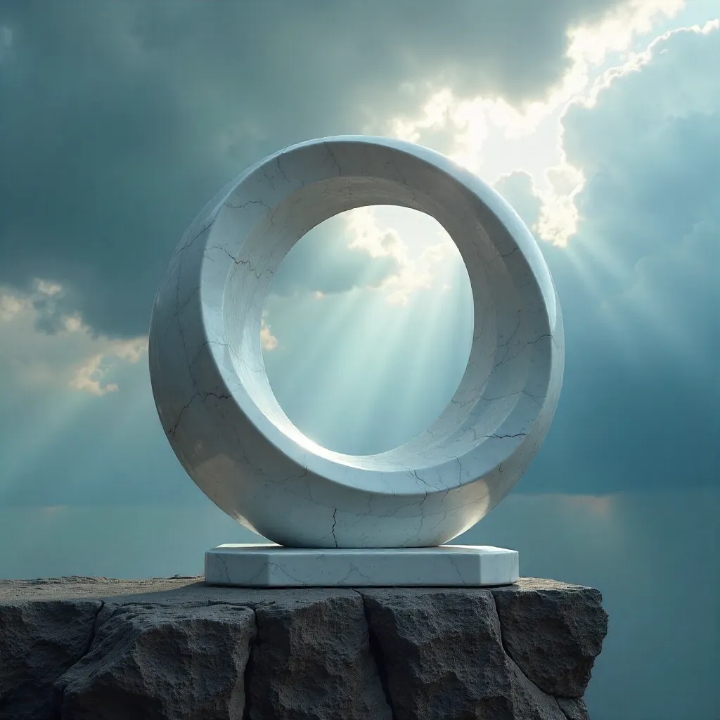 Dynamic White Marble Sculpture under Dramatic Storm Sky