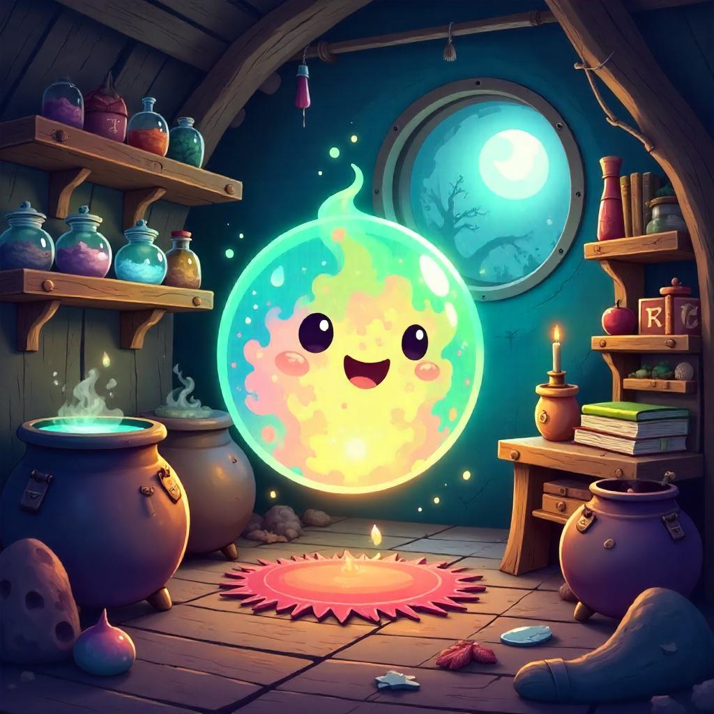 Cartoon Spirit Orb in a Witch's Hut