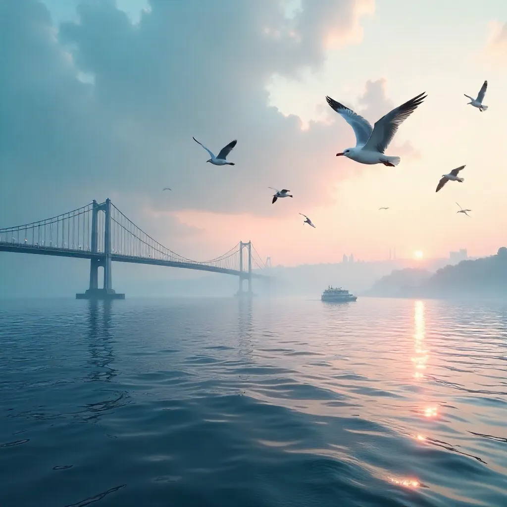Mist-Wrapped Bosphorus Bridge with Seagulls