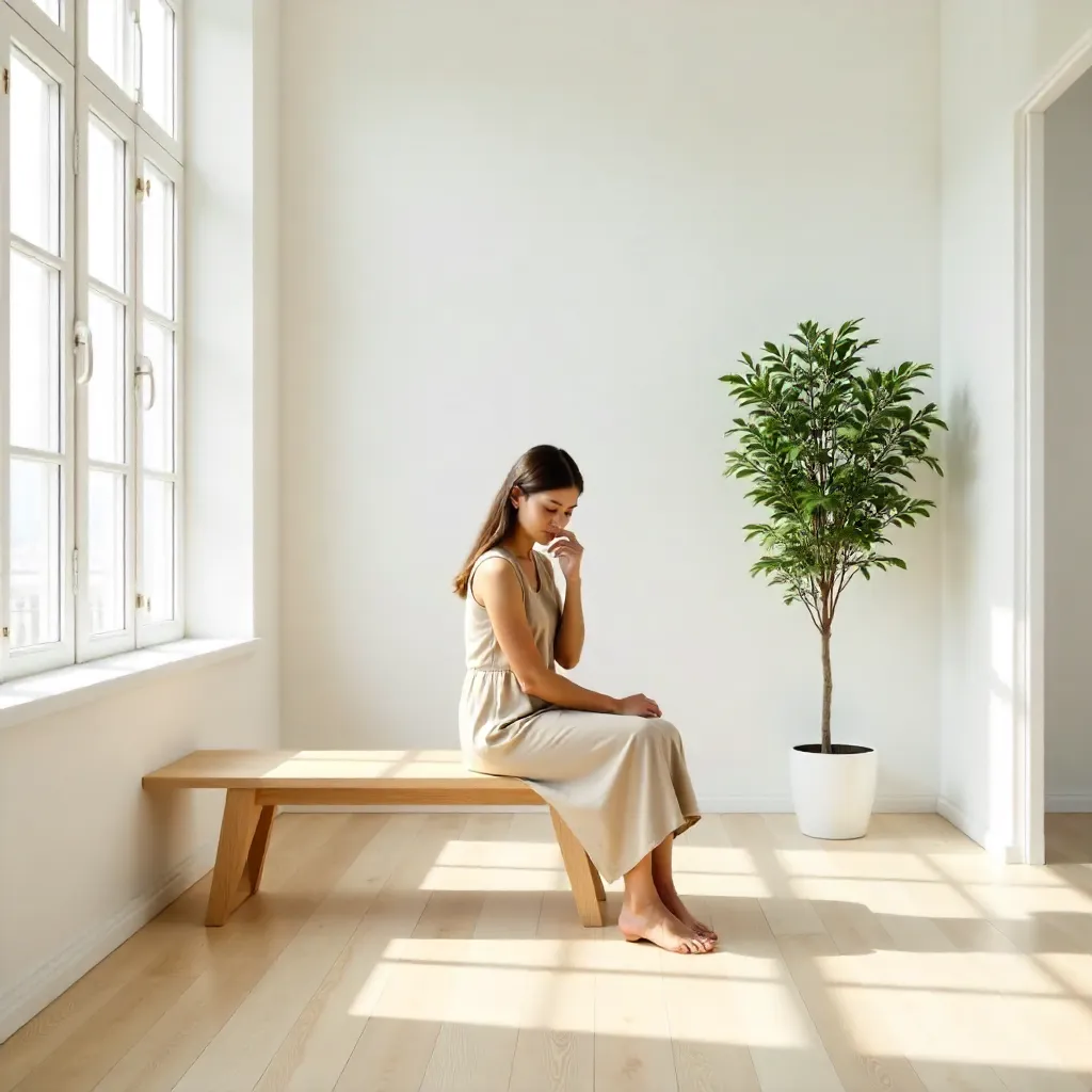 Thoughtful Woman on a Minimalist Sunlit Bench