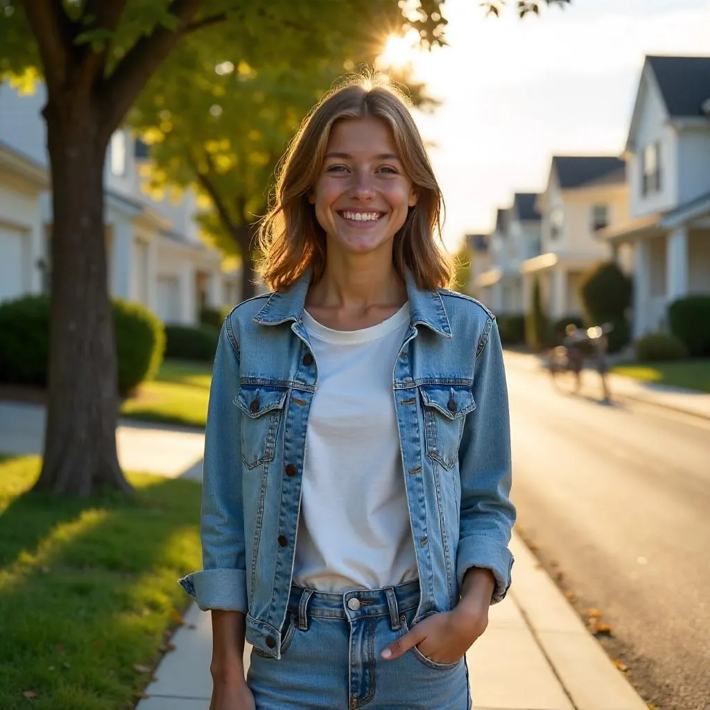 Cheerful White girl in a sunlit suburban street