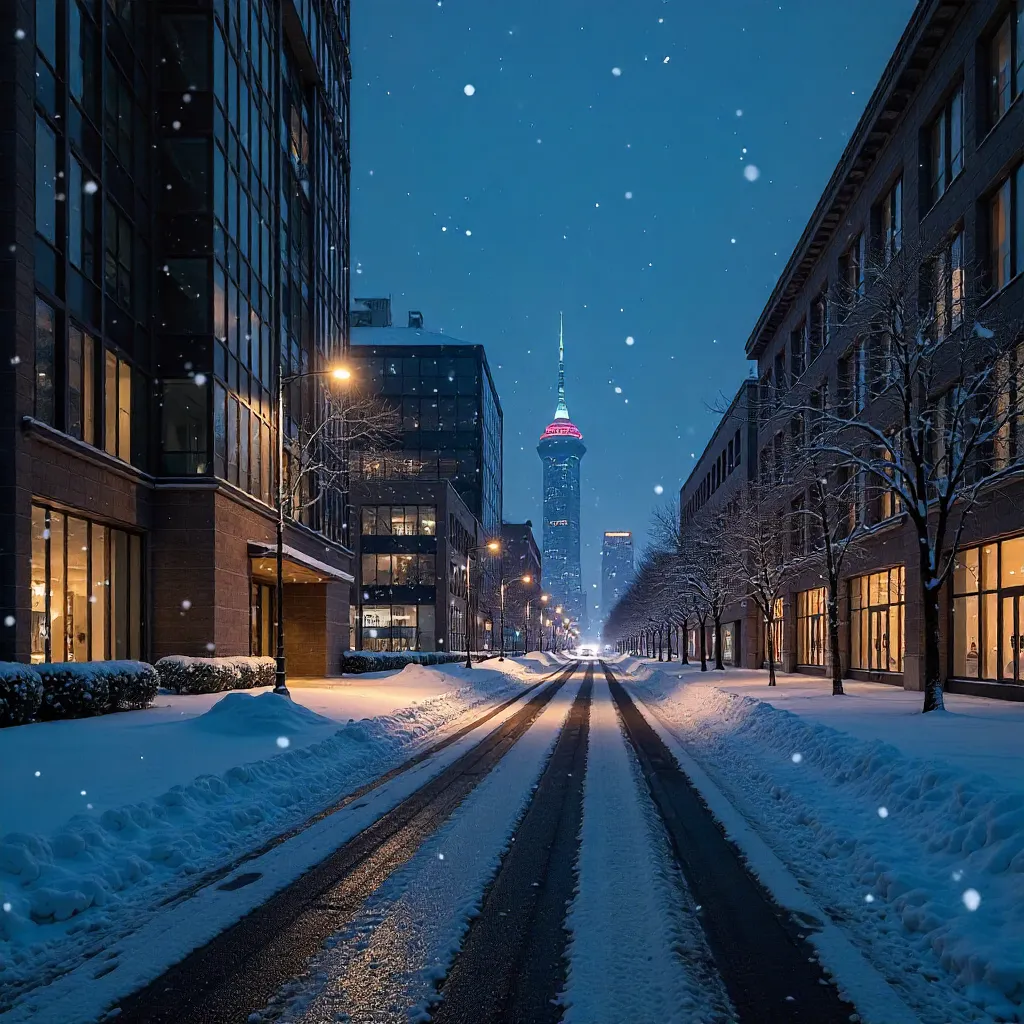 Serene Snowy Night in Astana: Modern Architecture