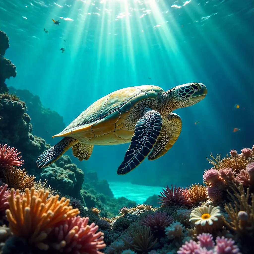 Serene Green Sea Turtle with Remora in Red Sea