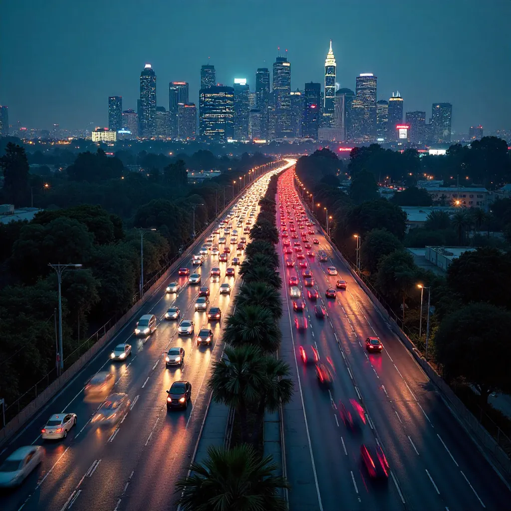 Aerial Night Traffic Over LA Freeways and Skyline