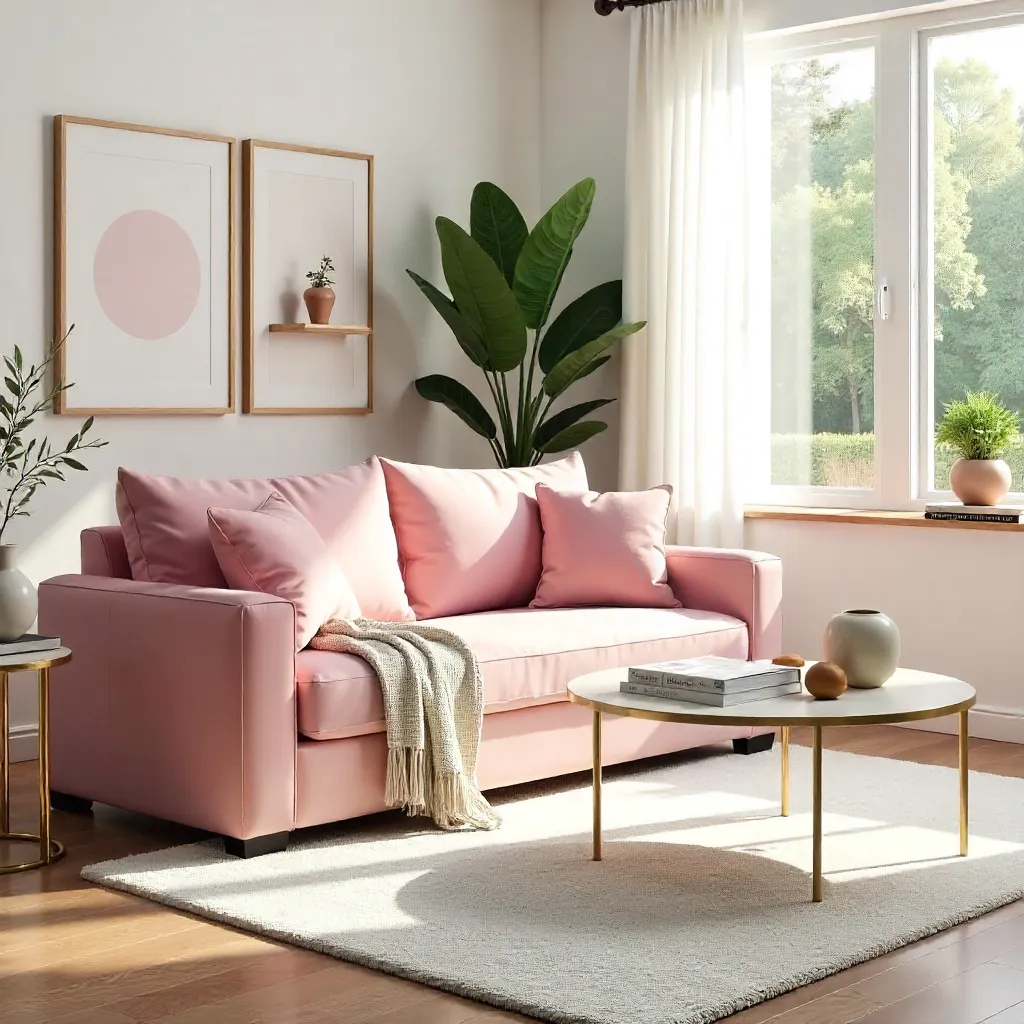 Inviting Living Room with Pink Couch Slipcover