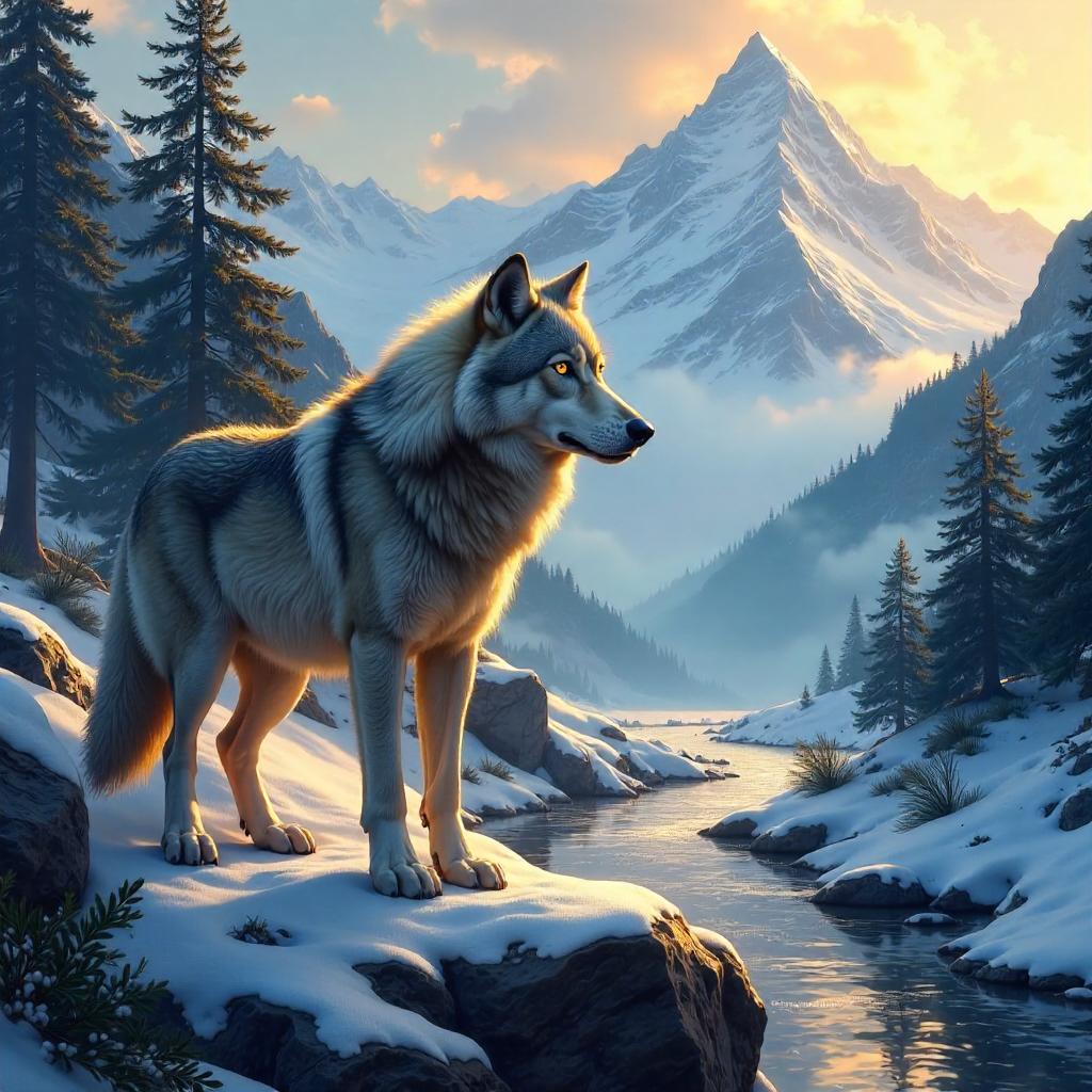 Moonlit Wolf in a Majestic Mountain Valley