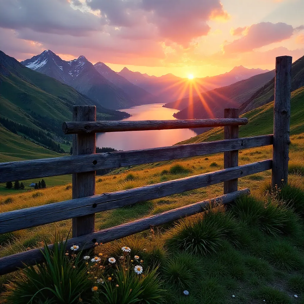 Peaceful Mountain Sunset Through a Fence