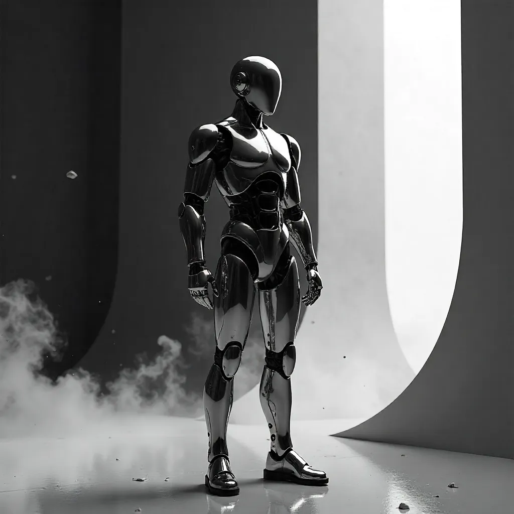 Monochrome Chrome Humanoid Robot in Abstract Geometry