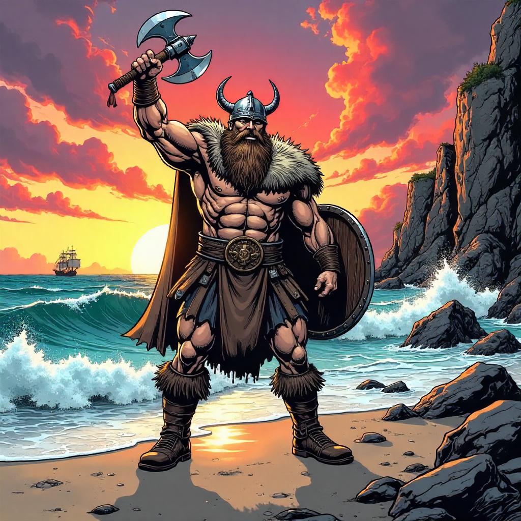 Viking Warrior on a Beach: Comic Book Splash
