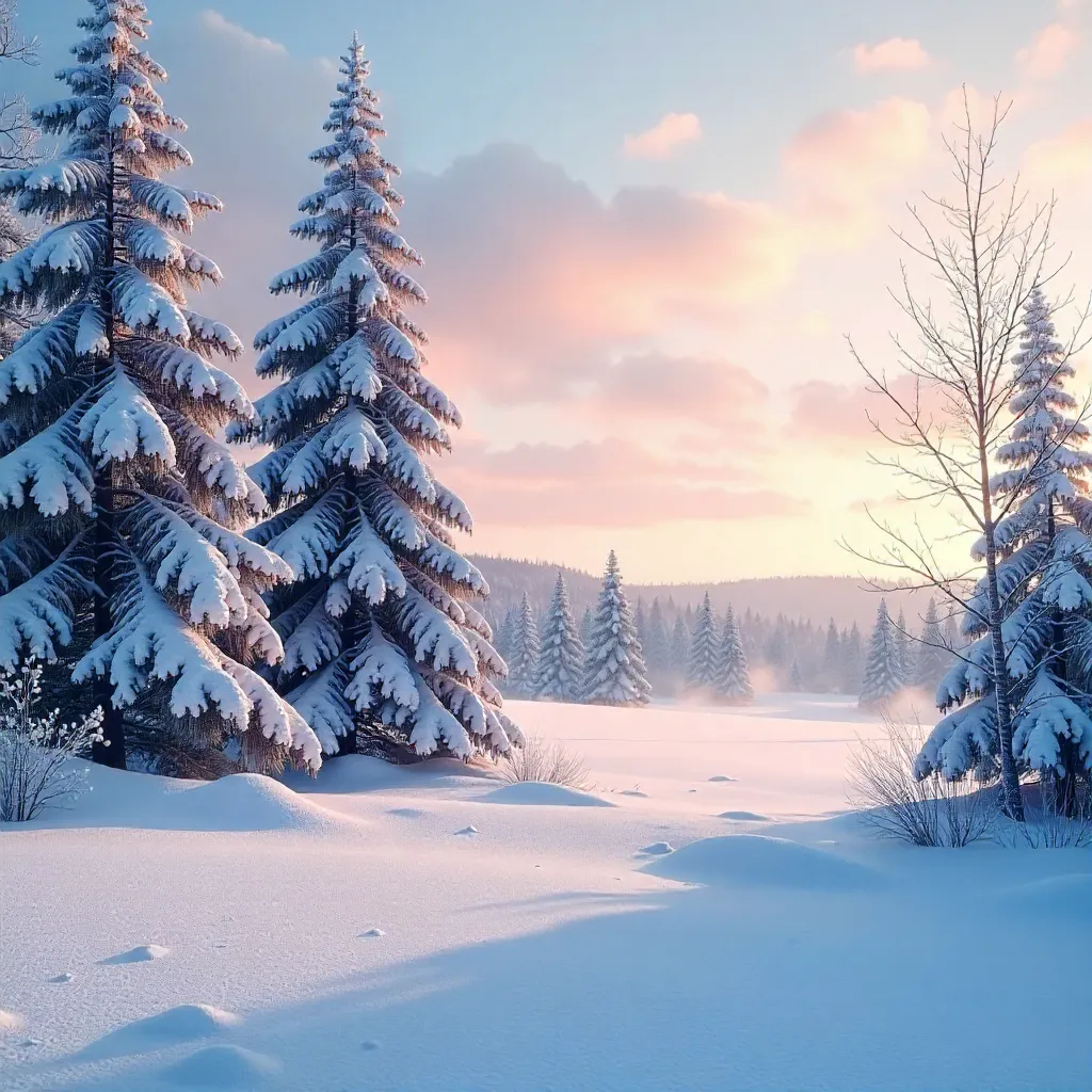 Tranquil Winter Landscape: Snowy Trees and Distant Forest