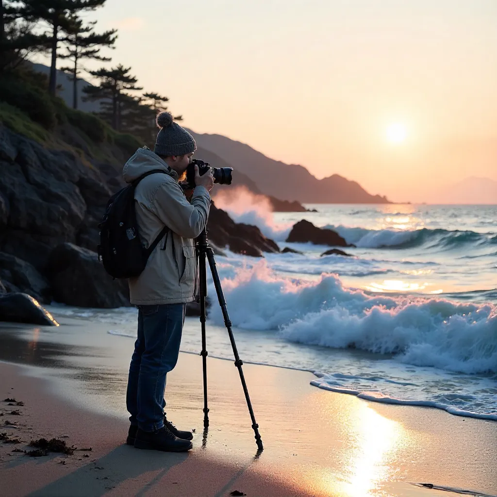 Photographer on Nishiizu Beach at Golden Hour