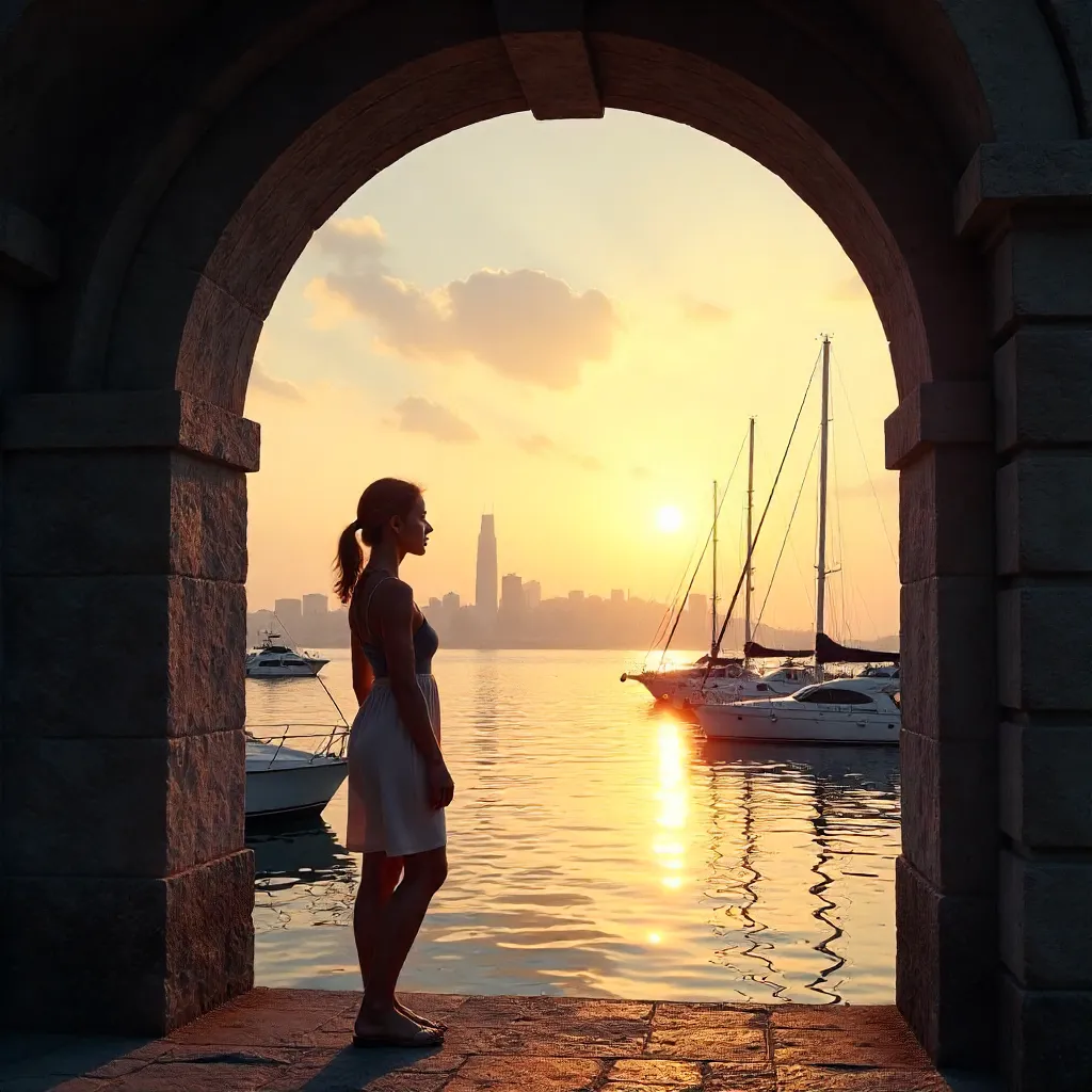 Silhouette under Archway: Sea, Yachts, City at Dusk