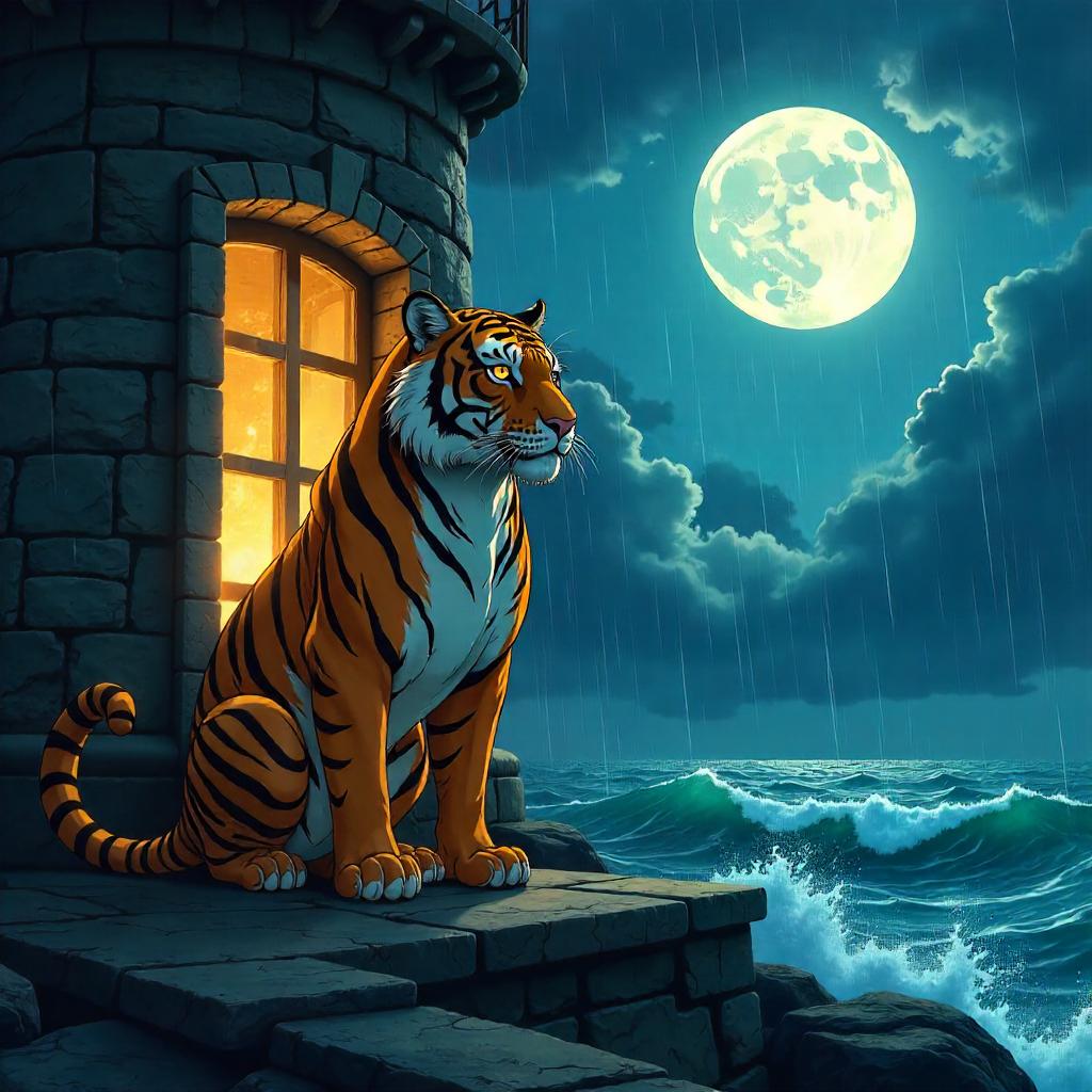Tiger in a Stormy Anime Lighthouse