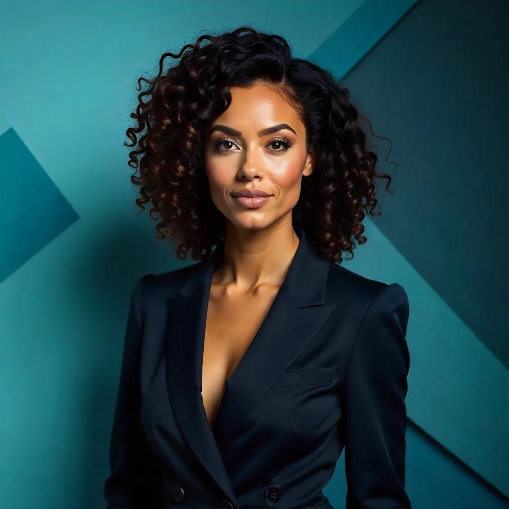 Portrait of a Curly-Haired Woman in a Tailored Suit