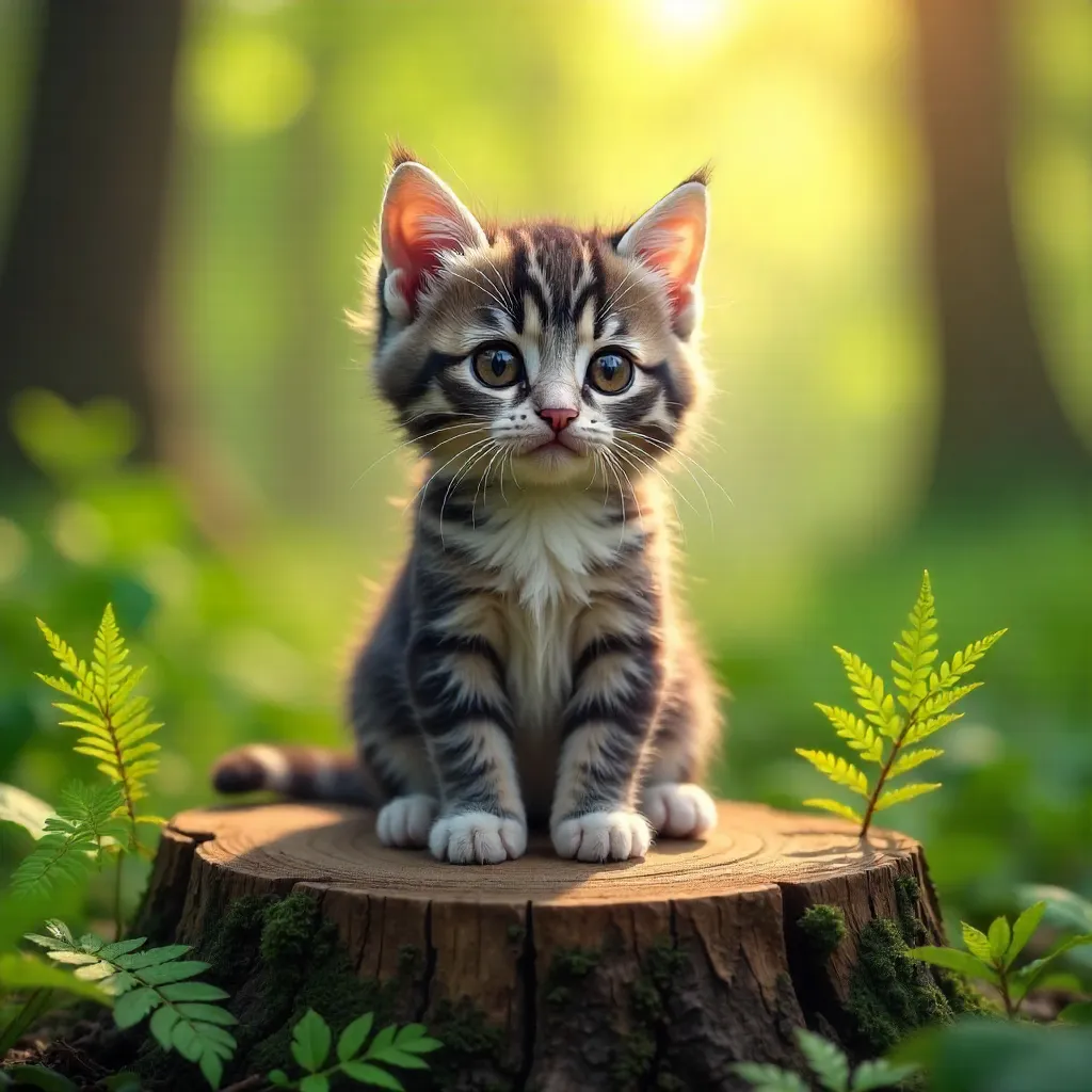 Kitten on a Mossy Wood Stump in Green Foliage