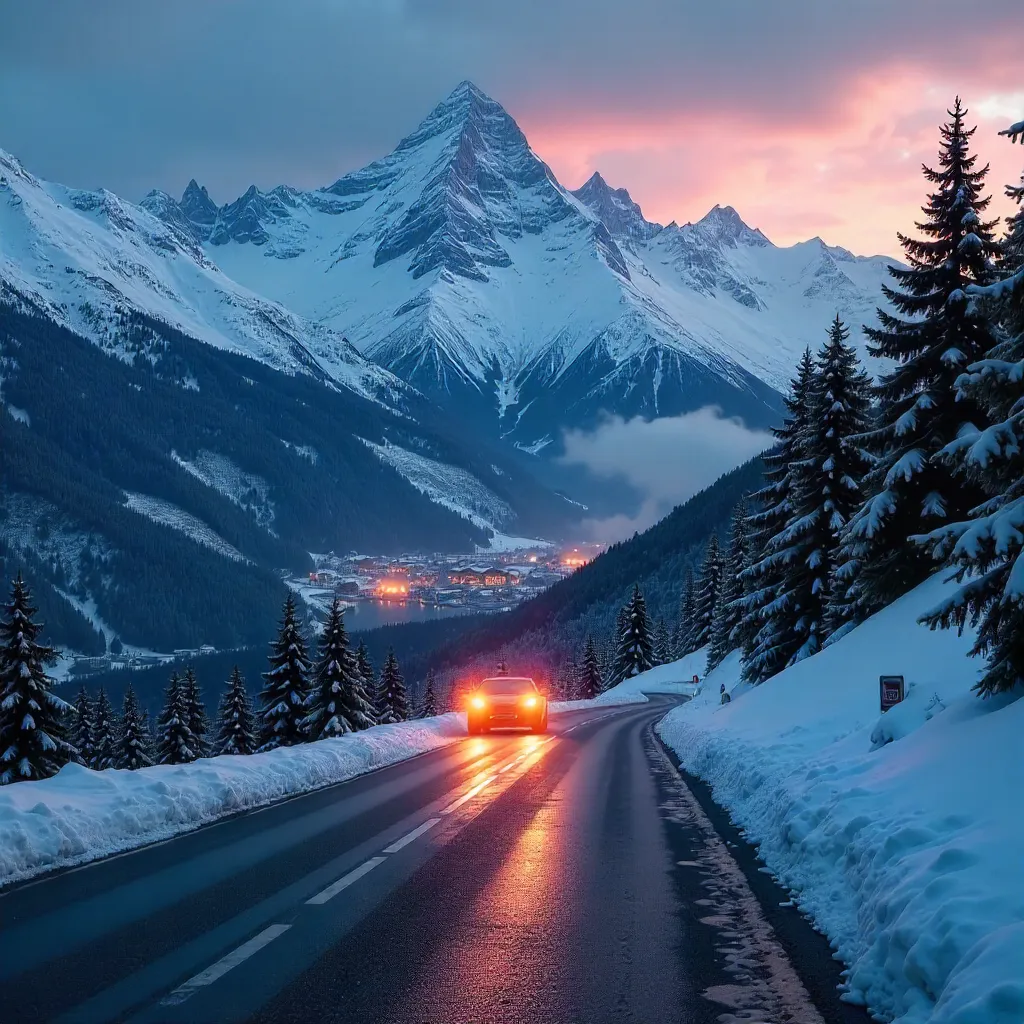 Twilight Snowy Swiss Alpine Road with Oncoming Car